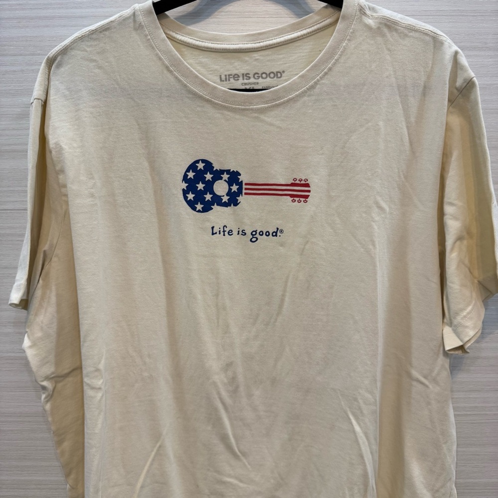 Life Is Good Cream Short Sleeve Tee with Patriotic Guitar Design